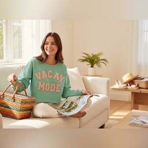 Judith March "Vacay Mode" Mint Cropped Long Sleeve Top - Large